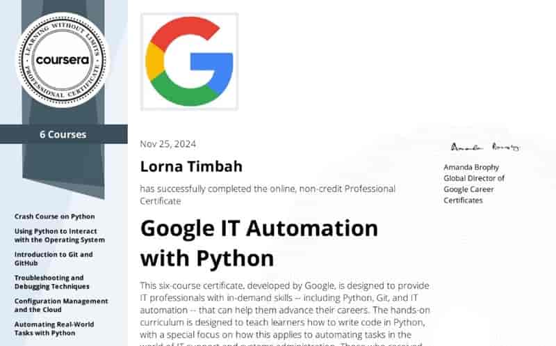 Lorna Timbah's Google IT Automation with Python Specialist certification